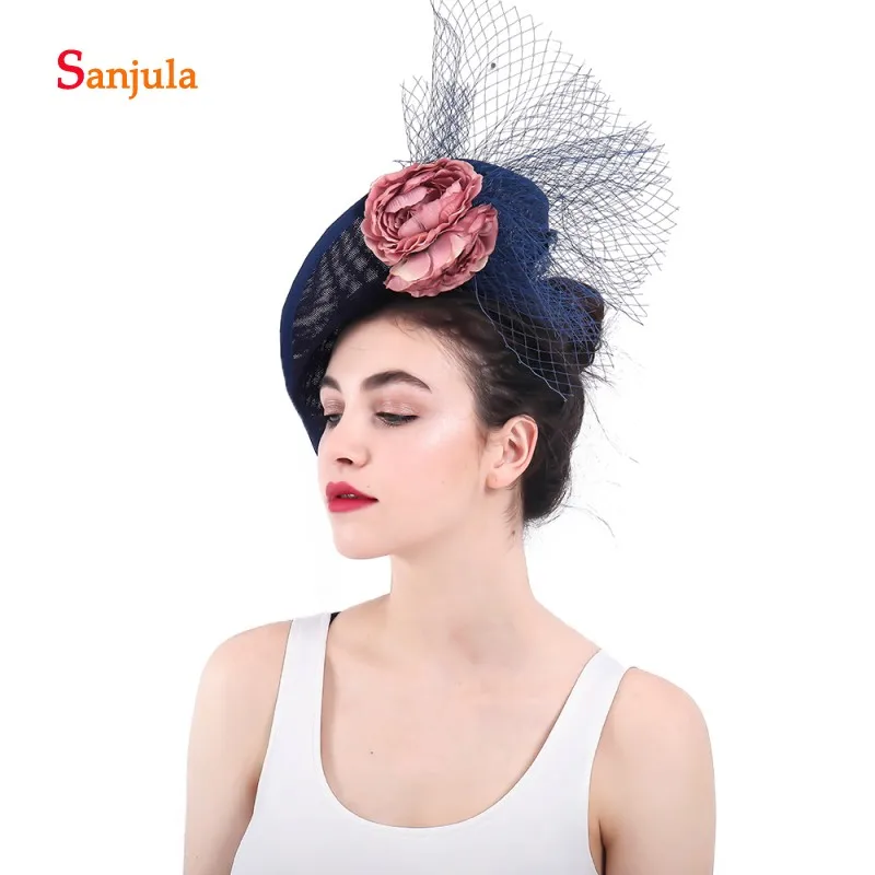 Navy Blue Women's Formal Party Headwear with Flowers Fashionable Fascinators Bridal Tulle Hats pamelas sombreros bodas H23|Свадебные