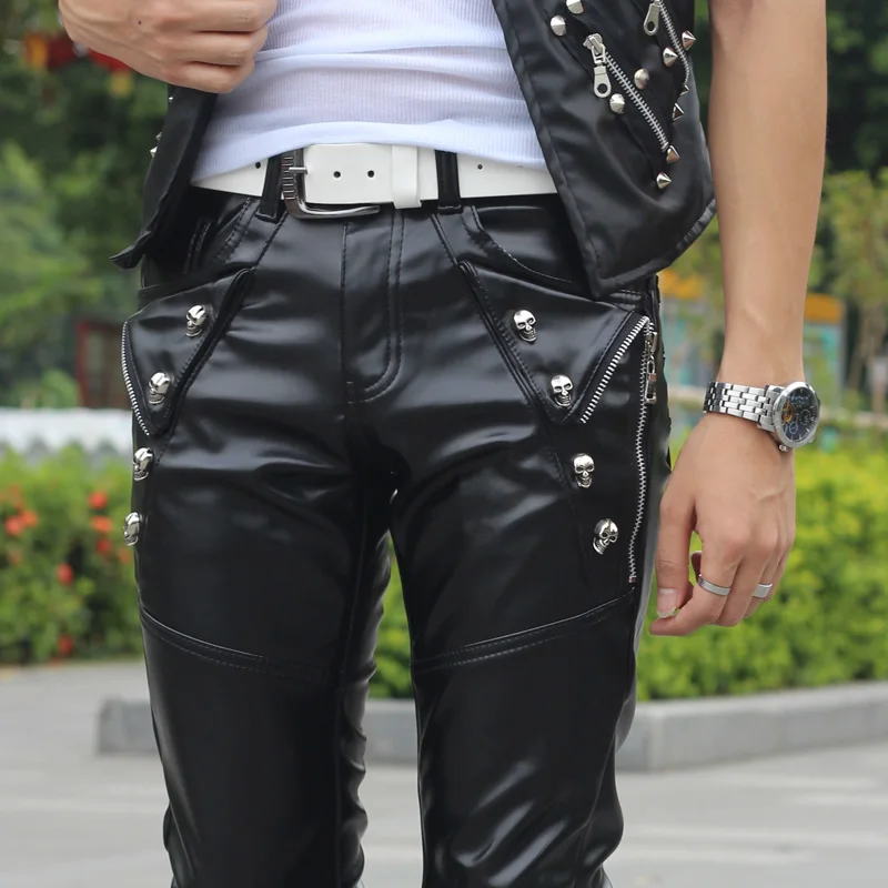 Autumn And Winter Non Mainstream Velvet Thickened Warm Windproof Leather Pants Men Trousers Chandal Hip Hop Rivets | Мужская одежда