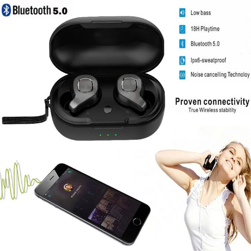 EPULA Fashion Black Design 2019 New Portable Wireless Bluetooth 5.0 Hi-Fi Sound Waterproof Handsfree in-ear Earphone | Электроника