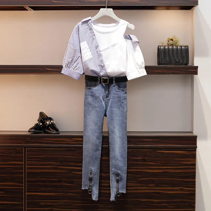 Комплект из 2 предметов летняя Женская Сексуальная Блузка в полоску с открытыми