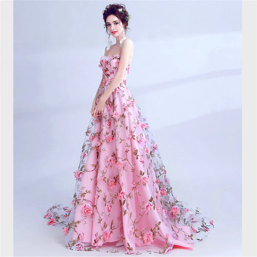 Длинное вечернее платье элегантное розовое с цветочным принтом новинка 2019