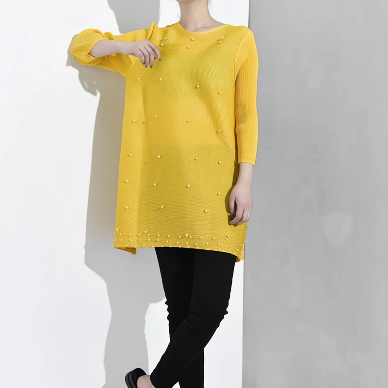LANMREM Новая модная женская рубашка с длинными рукавами женские толстовки Vestido с круглым вырезом с длинными рукавами плиссированная рубашка с жемчугом NA94806