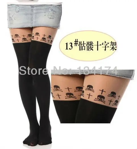 2016 мода женщин симпатичные череп накрест колено татуировки леггинсы Большой