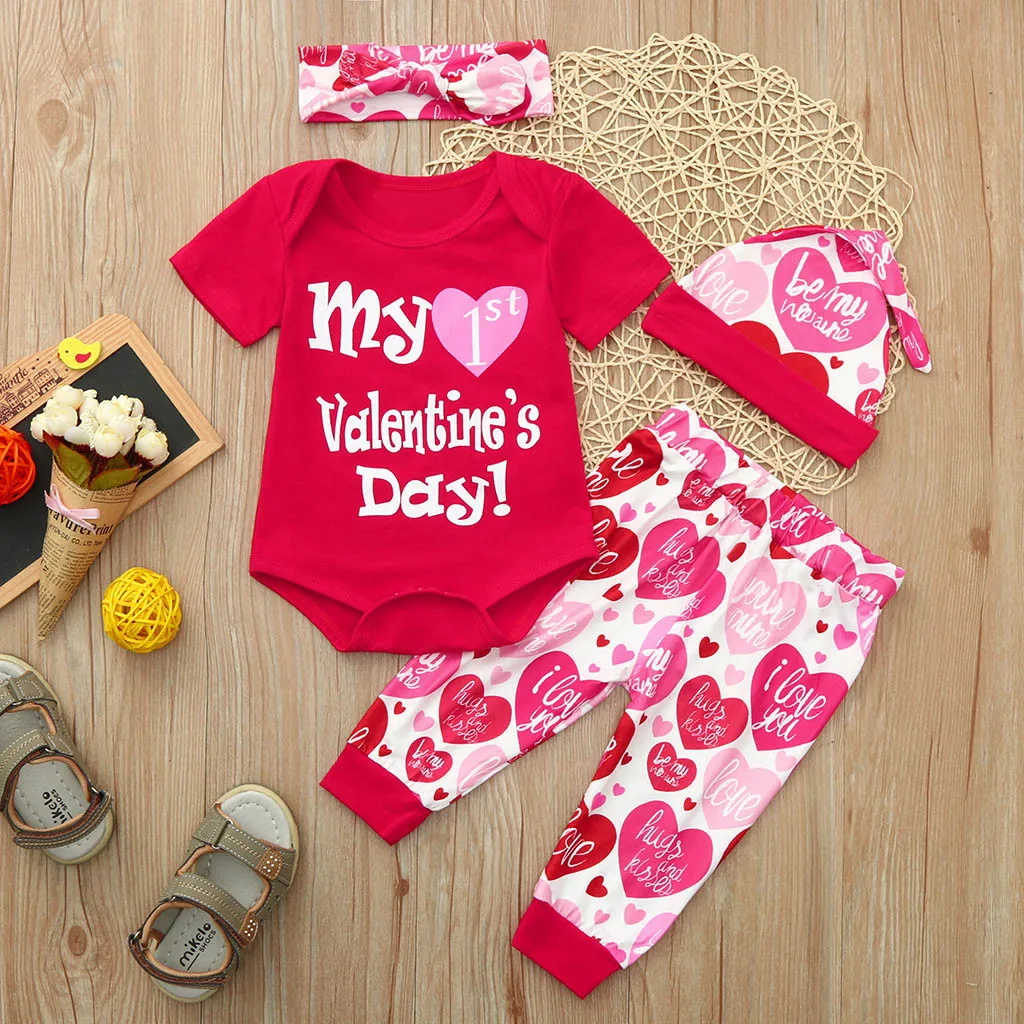 My 1ST Valentine Day Newborn Baby Boy Girl Outfits Cotton Valentines Outfit Letter Romper+Pants+Hat+Headbands Set L1228 | Детская одежда