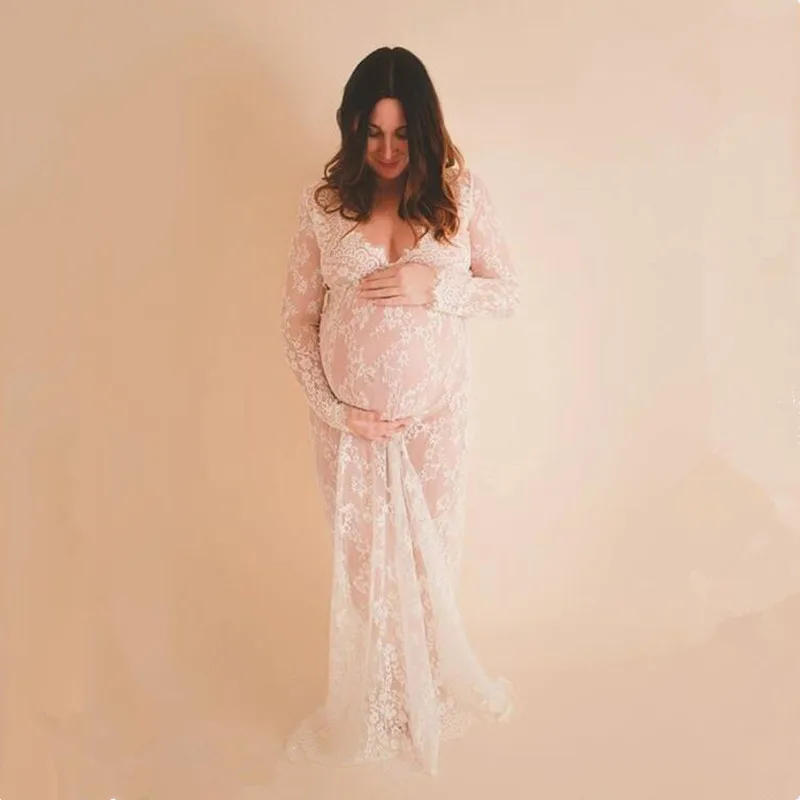 

Maternity Photography Dress Fancy Shooting Photo Summer Pregnant Long Sleeve Lace Perspective Dress Plus Size Women's Clothing