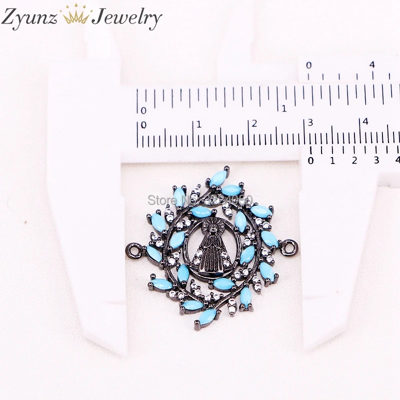 10PCS AZYZ302-5373 Micro Paved CZ and blue Stone Virgin Maria Bracelet Connector Beads Fashion Women Jewelry Findings | Украшения и