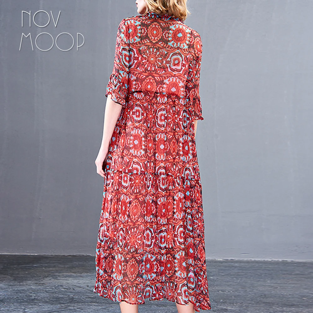 Novmoop European floral printed large size half-sleeve natural silk women dress for office outdoor robe en soie natural LT2778