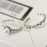 retro 2 piece rotating ring korean thai silver twisted woven pearl open ring lady ring