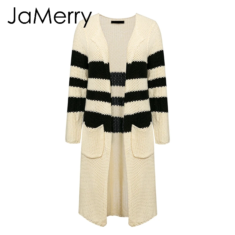 Beige JaMerry, винтажный полосатый вязаный женский кардиган,, Осень-зима, длинный свитер, Женский Повседневный свободный бежевый кардиган с карманами - Цвет: Beige