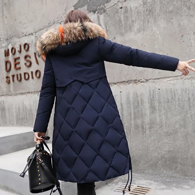 Dark blue Новинка, зимняя куртка для женщин, искусственный мех, с капюшоном, парка, пальто для женщин, длинный рукав, толстая, теплая, зимняя одежда, куртка, пальто, Mujer, стеганые Топы - Цвет: Dark blue