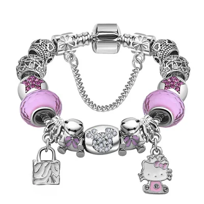 PS3184D Модный 925 серебряный милый детский браслет с кошкой hello kitty для женщин, детей, девочек, браслет с хрустальными бусинами и ювелирные изделия на запястье - Окраска металла: PS3184D