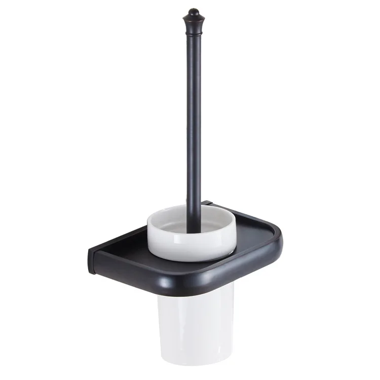 

Free shipping Copper bathroom hardware black bronze toilet brush cleaning holder with ceramic toilet cup holder