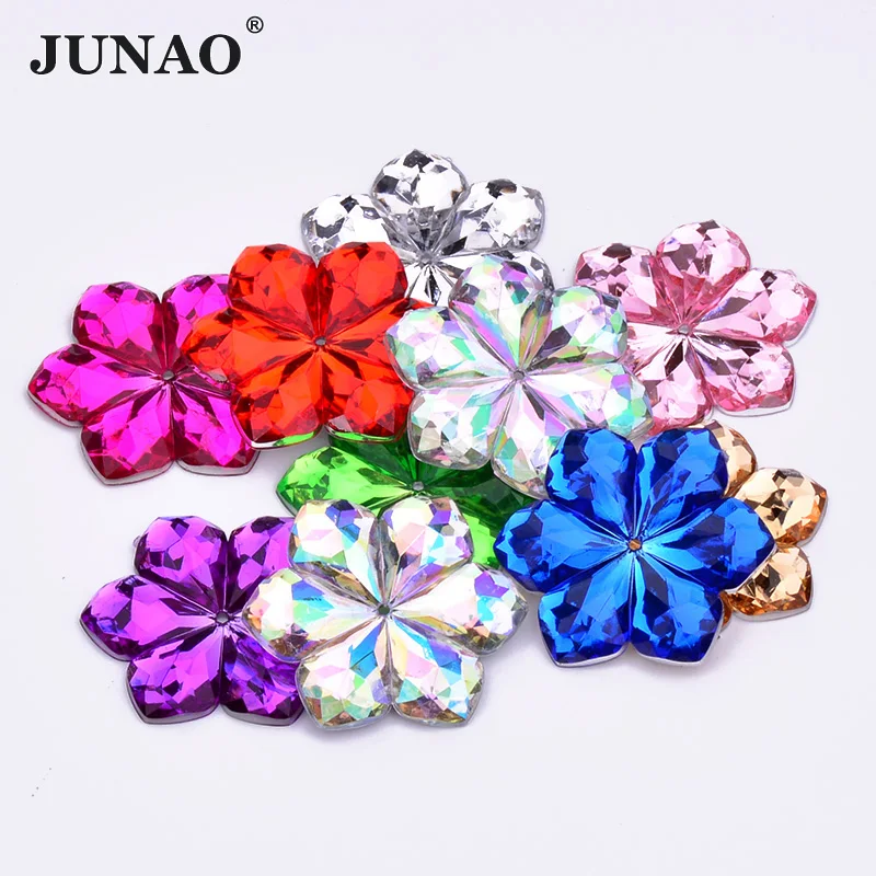 

JUNAO 28mm Big Acrylic Sew On Flower Rhinestone Applique Flatback Crystal Stones Mix Color Strass Sewing Crafts Gems For Clothes