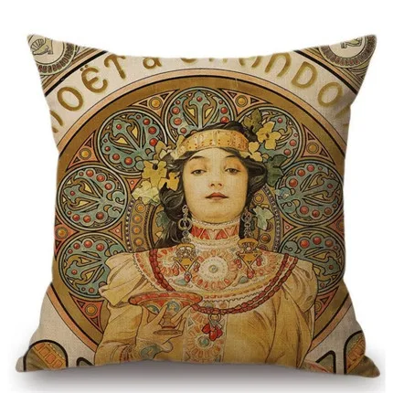 13 Vintage European Art Nouveau Mucha Gallery Decorative Sofa Pillow Cover Beautiful Beauty Girl Cotton Linen Luxury Cushion Cover - Цвет: 13