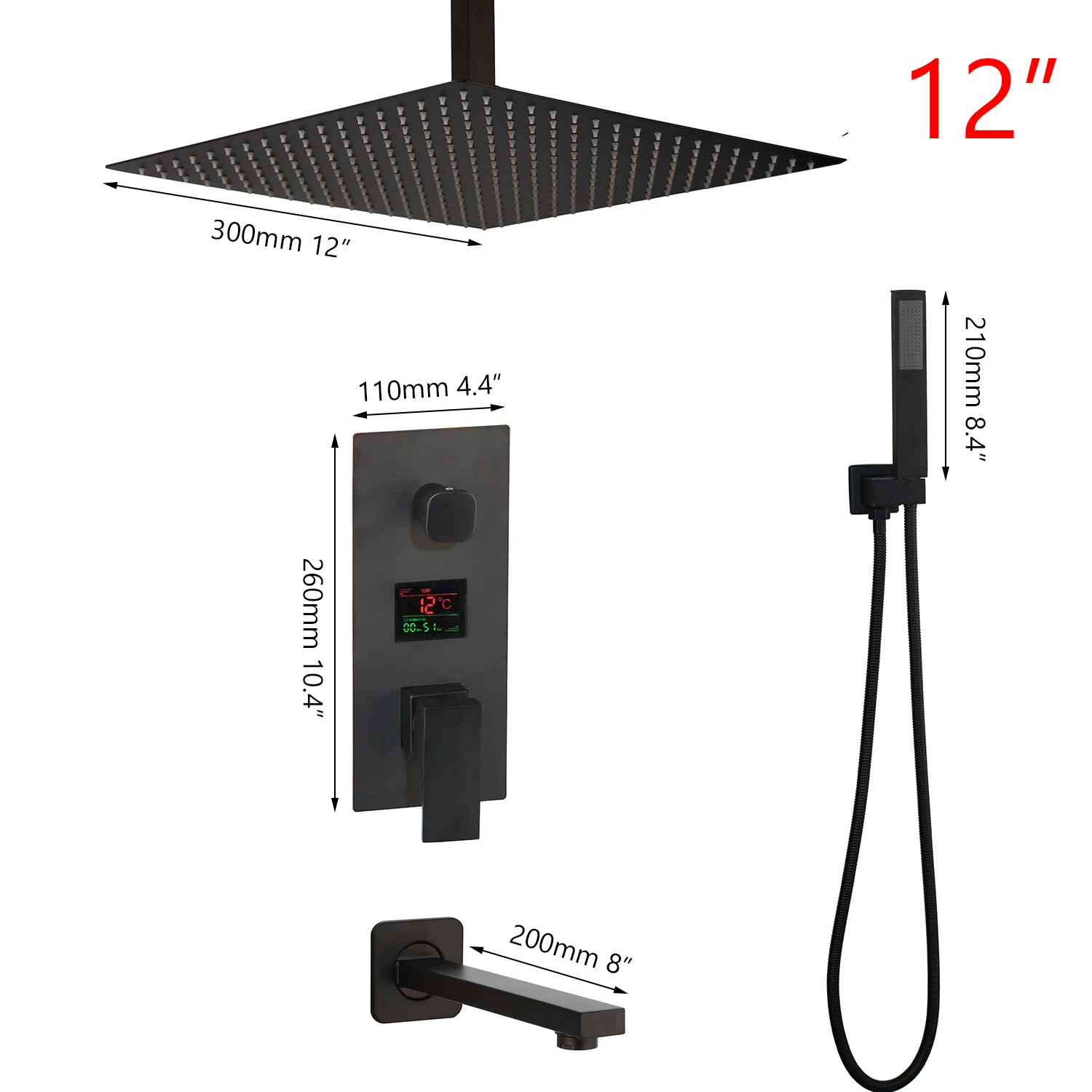 12 inch KEMAIDI черная латунная душевая головка с цифровым дисплеем, смесители для ванной комнаты, смеситель для душа, 3 функции, набор цифровых душевых смесителей - Цвет: 12 inch