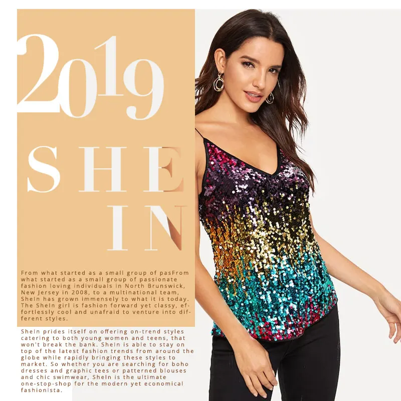 SHEIN Блестящий Топ На Бретелях С V-Образным Вырезом Женский Многоцветный Сексуальный Топ Без Рукавов