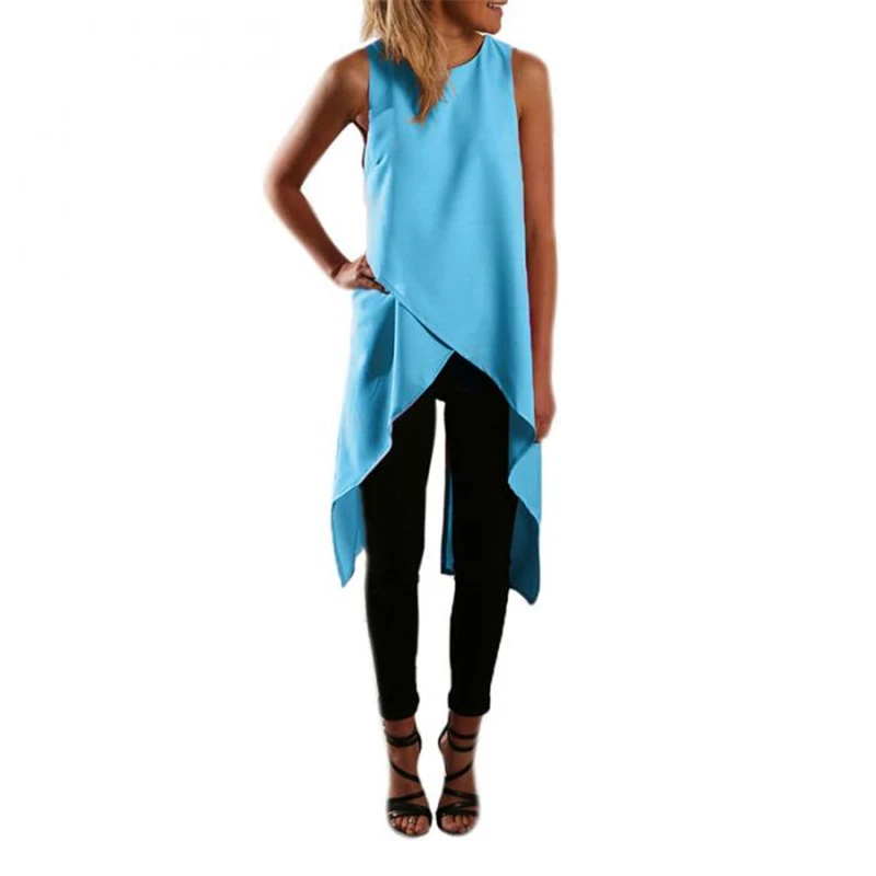 Женская шифоновая блузка без рукавов с круглым вырезом необычные летние