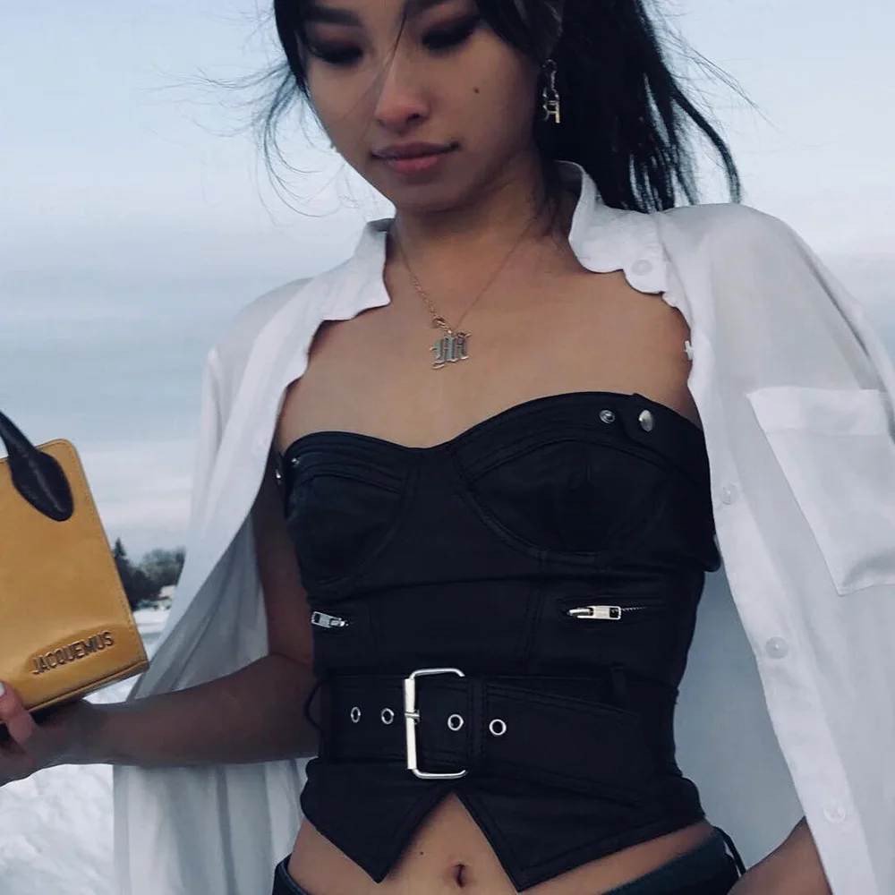 2018 кожаный женский корсет модные тонкие футболки из искусственной кожи с