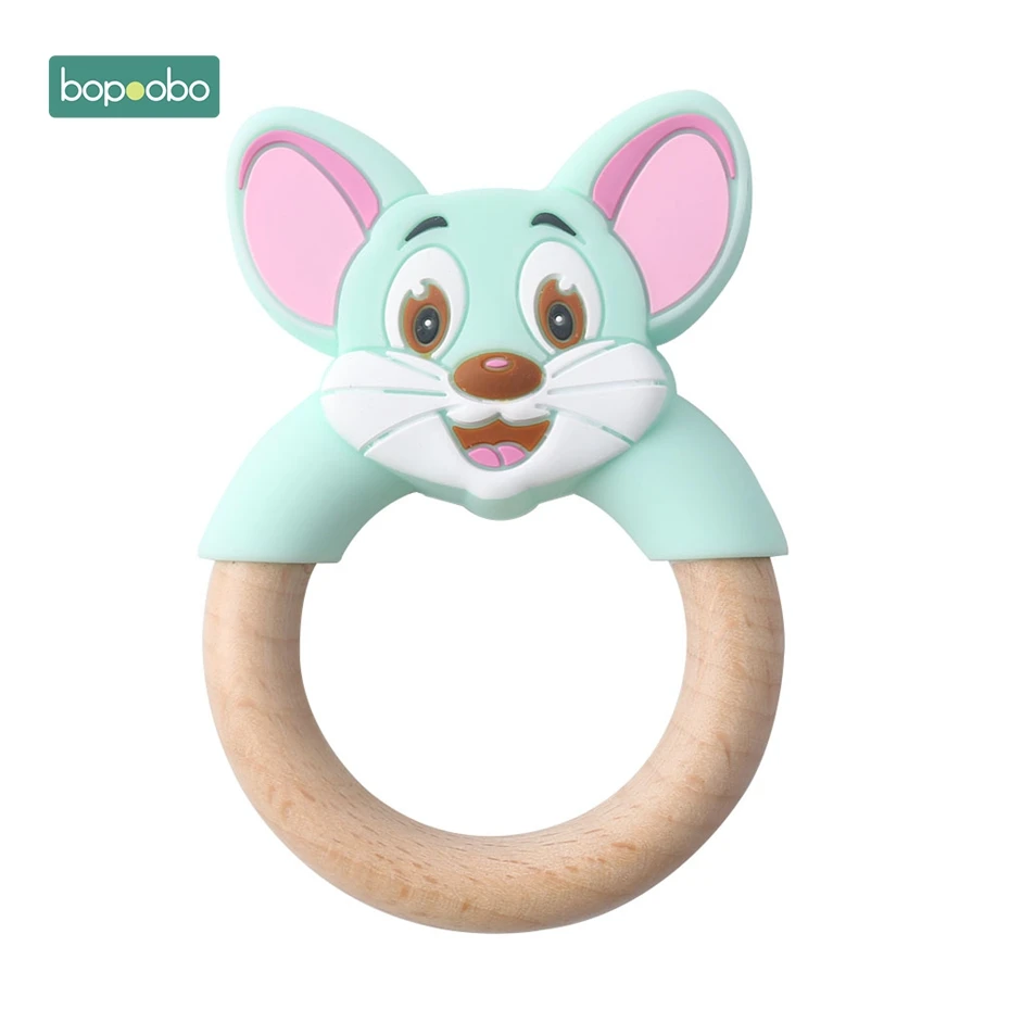 Bopoobo 1 шт., Прорезыватель для зубов, силиконовая белка, деревянные кольца, Прорезыватель для зубов, силиконовые грызуны, Прорезыватель для зубов, деревянный детский силиконовый Прорезыватель в виде мыши - Цвет: Gray Rabbit