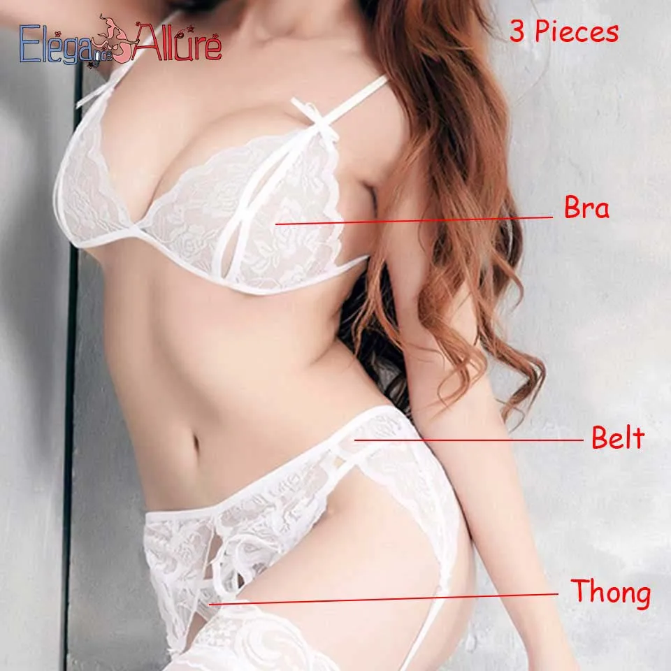 White 3pcs E& A нижнее белье, сексуальное эротическое нижнее белье, экзотическое, 4 шт., комплект нижнего белья, Кружевной Костюм, прозрачный бюстгальтер, трусики с подвязками, Чулки с поясом - Цвет: White 3pcs