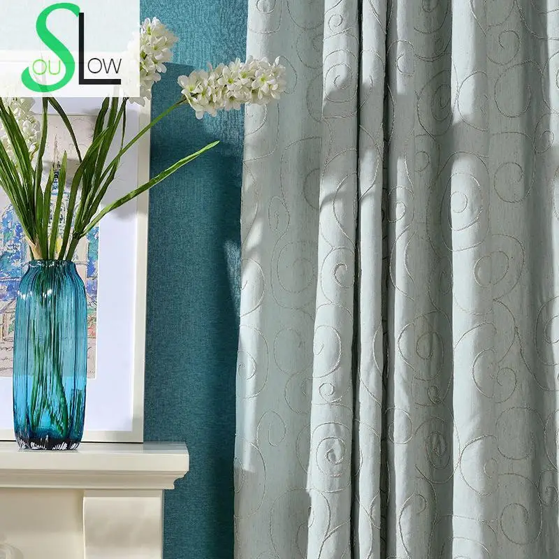 Занавеска из хлопка Slow Soul с синим крючком Современная штора вышивкой цветочной для гостиной детской