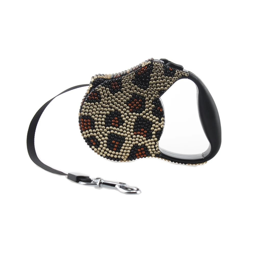 Leopard Розовые, Синие стразы, поводок для собак, Выдвижной Поводок для маленьких пород, Выдвижной Поводок для тренировок, 3 м, Черная веревка для кошек, собачек, котят - Цвет: Leopard