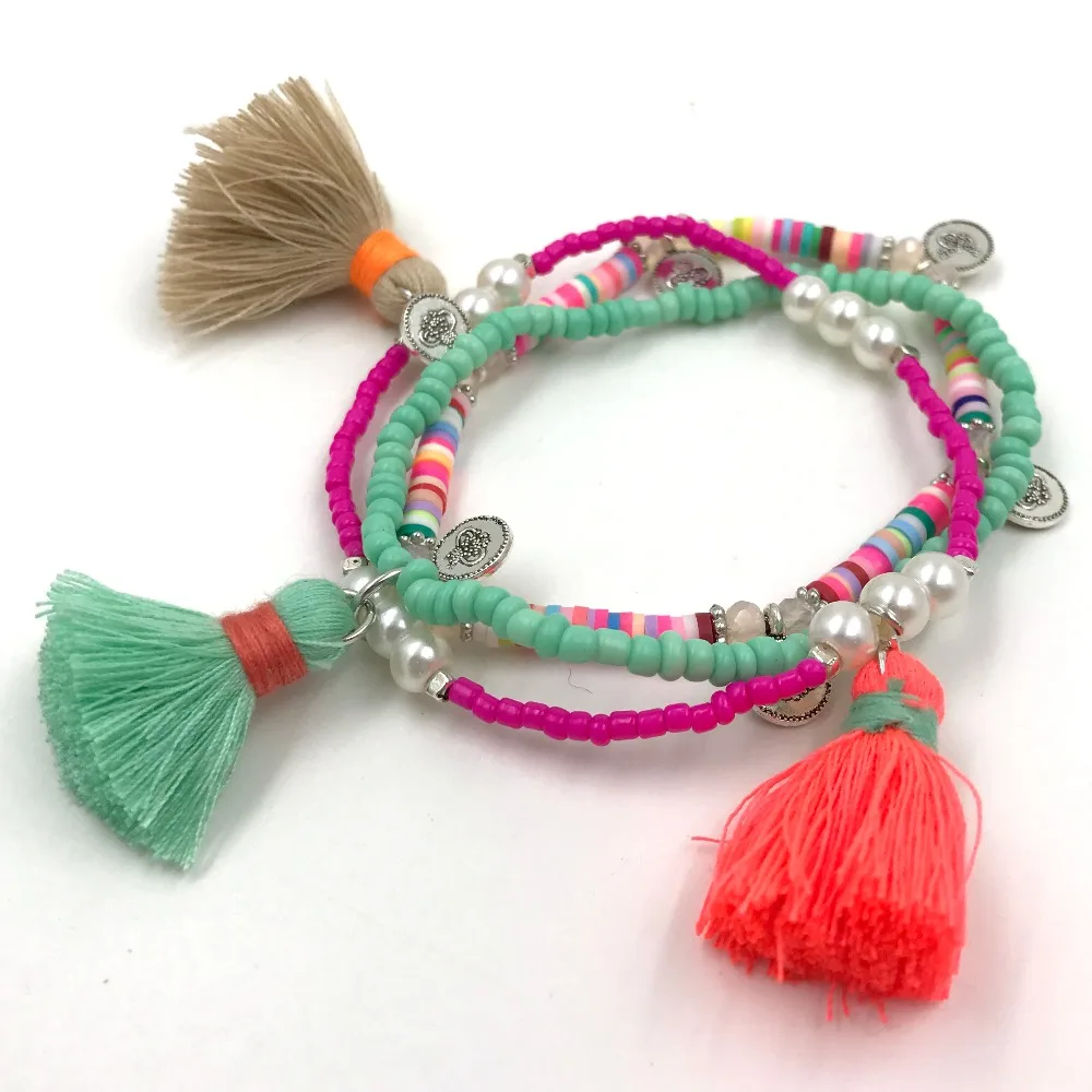 Новый Богемия Boho Chic браслет цвета радуги кисточкой Подвески нескольких слоев