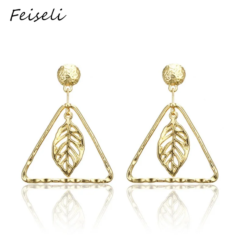 Feiseli золотистая металлическая пустотелая Геометрическая Серьга с листом