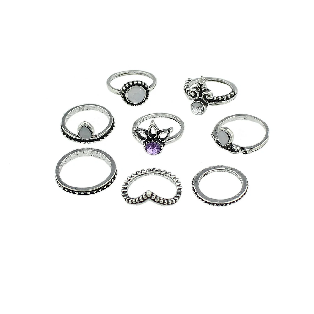 8pcs/set Boho Accessories Antique Gold-Color Silver Color Rings Crown Rhinestone White Opal Knuckle Ring Set Jewelry For Women | Украшения