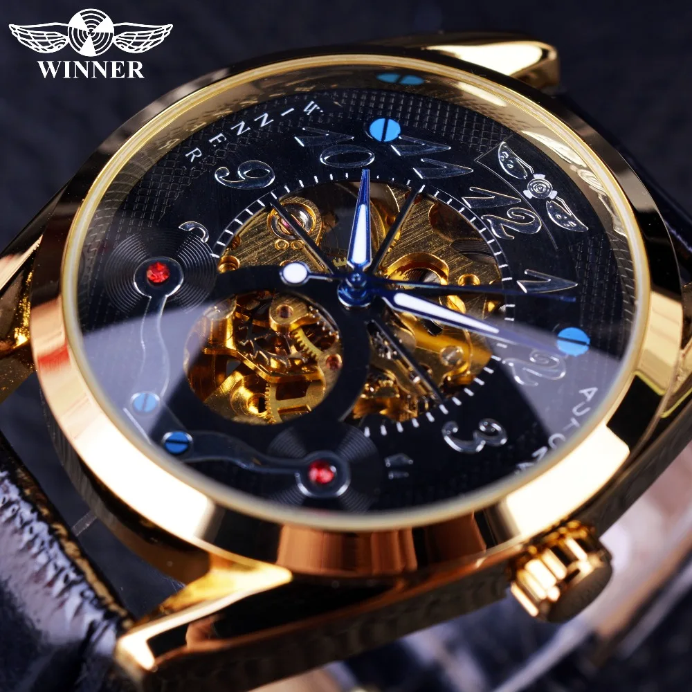 Winner Fashion Casual Black Dial Golden Case Designer Men Watches Top Brand Luxury Automatic Skeleton Luxury Watch Men Clock Men