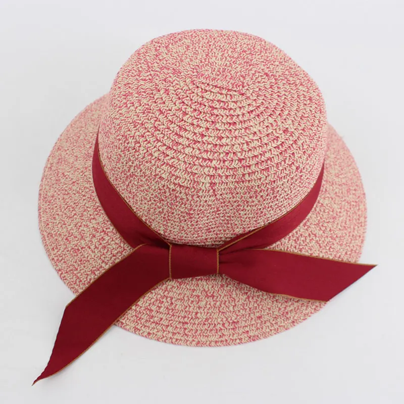 Большой край летние соломенные шляпы для Для женщин элегантный лук красный Су