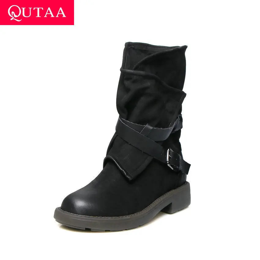 QUTAA/; модные сапоги до середины икры из натуральной кожи; Повседневная зимняя женская обувь с круглым носком на среднем каблуке; ботинки на молнии с пряжкой; размеры 34-41