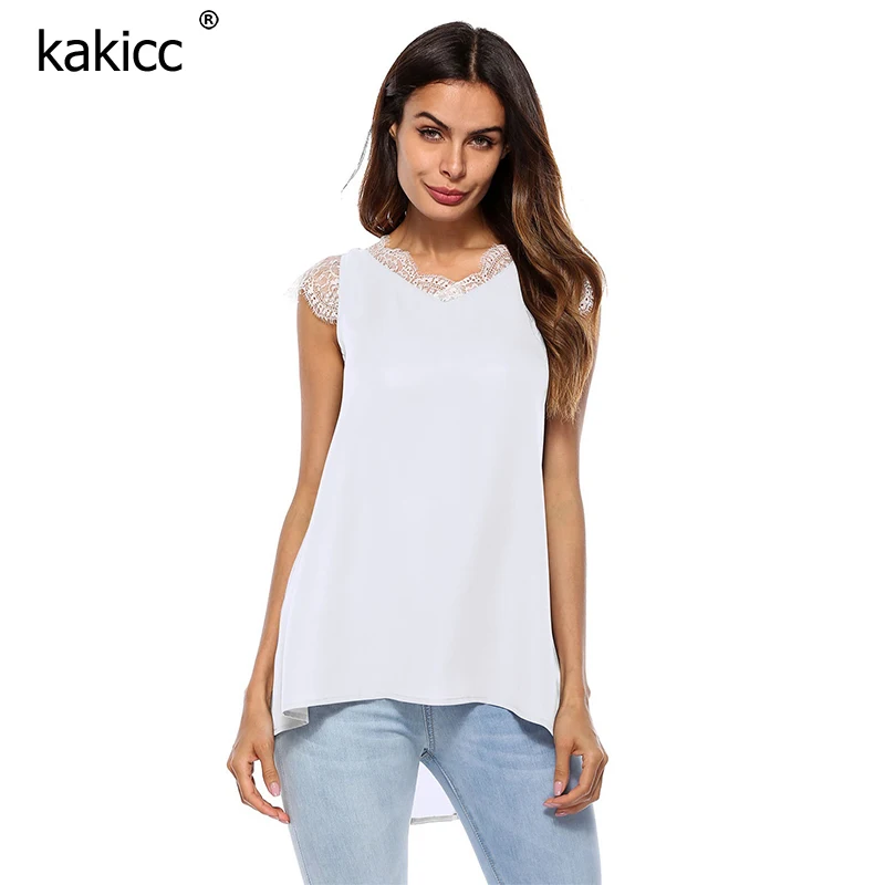 Lace Spliced Chiffon Women Blouses V Neck Sleeveless Shirts Summer Loose Casual Female Fashions Elegant White Solid Tops |