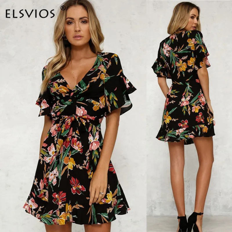 ELSVIOS модное Плиссированное женское платье с расклешенными рукавами оборками и