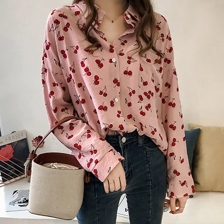 Кимоно кардиган с длинными рукавами и платье вишневым принтом Женские топы