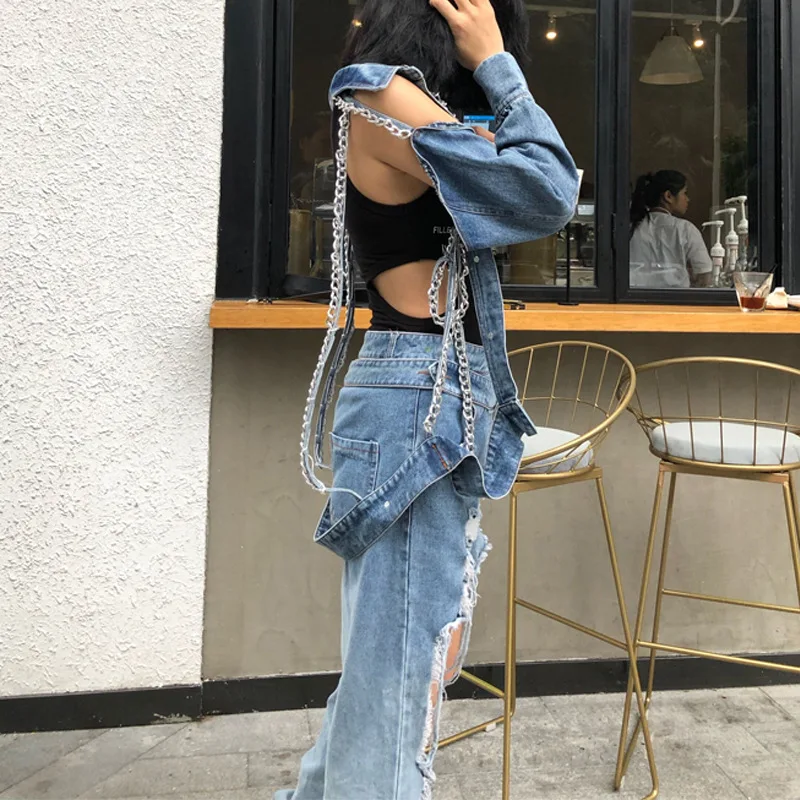 Женская джинсовая куртка с вырезами Повседневная Свободная в стиле хип-хоп