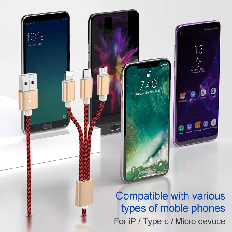ROCK 3 в 1 USB кабель для iPhone X 8 7 6 Hi tensed Универсальный зарядный шнур микро usb type C samsung S9