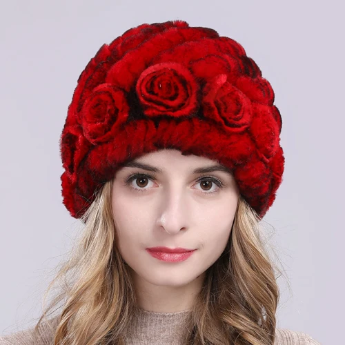 red Новые зимние шапки из меха кролика рекс женский Настоящий мех кролика Цветочные шапочки вязаная шапка ручной работы натуральная шапка из меха кролика рекс - Цвет: red