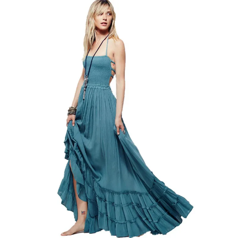 

Women's open back bohemian beach long dress cotton dresssummer long backless cotton women party hippie chic vestidos mujer