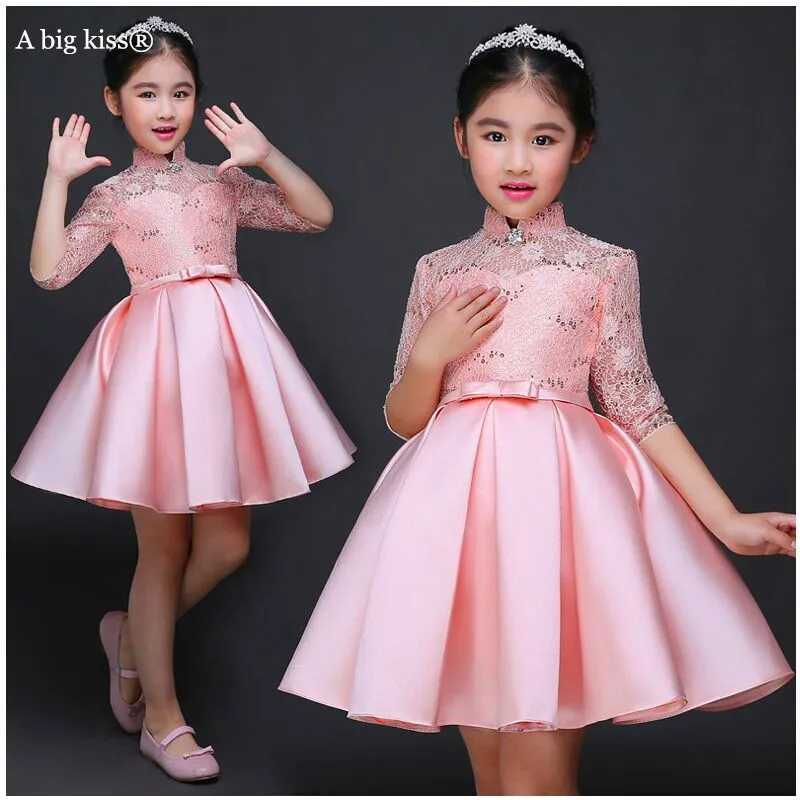 

Baby Girl Kid Evening Party Dresses For Girl Wedding Princess Clothing 2018 New Solid Color Bow Moderator Dress Children Clothes