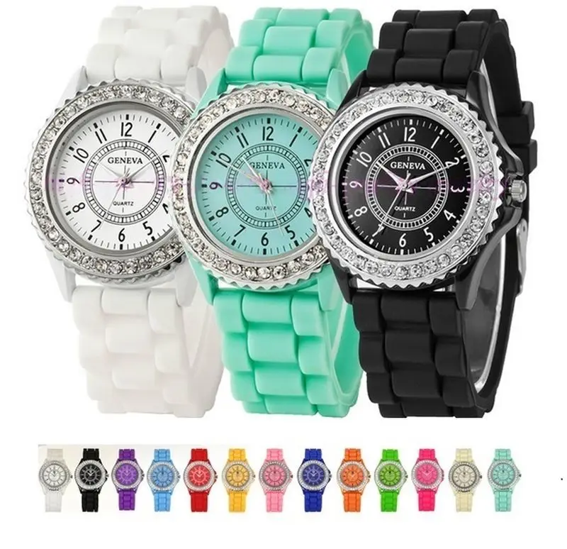 

Gnova Platinum Silver Crystal Woman Geneva Watch silicone wristwatch rhinestone women watches casual montre hours A286