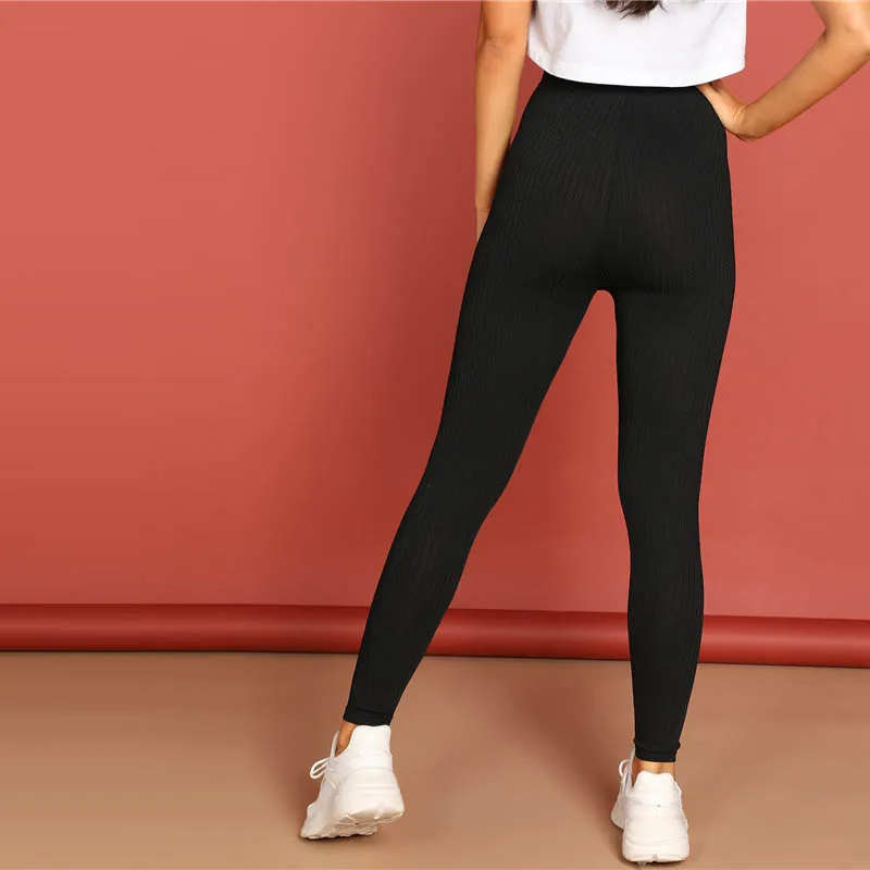 SweatyRocks черные ребристые трикотажные однотонные бесшовные леггинсы с высокой талией, обтягивающие спортивные осенние женские брюки и штаны для фитнеса