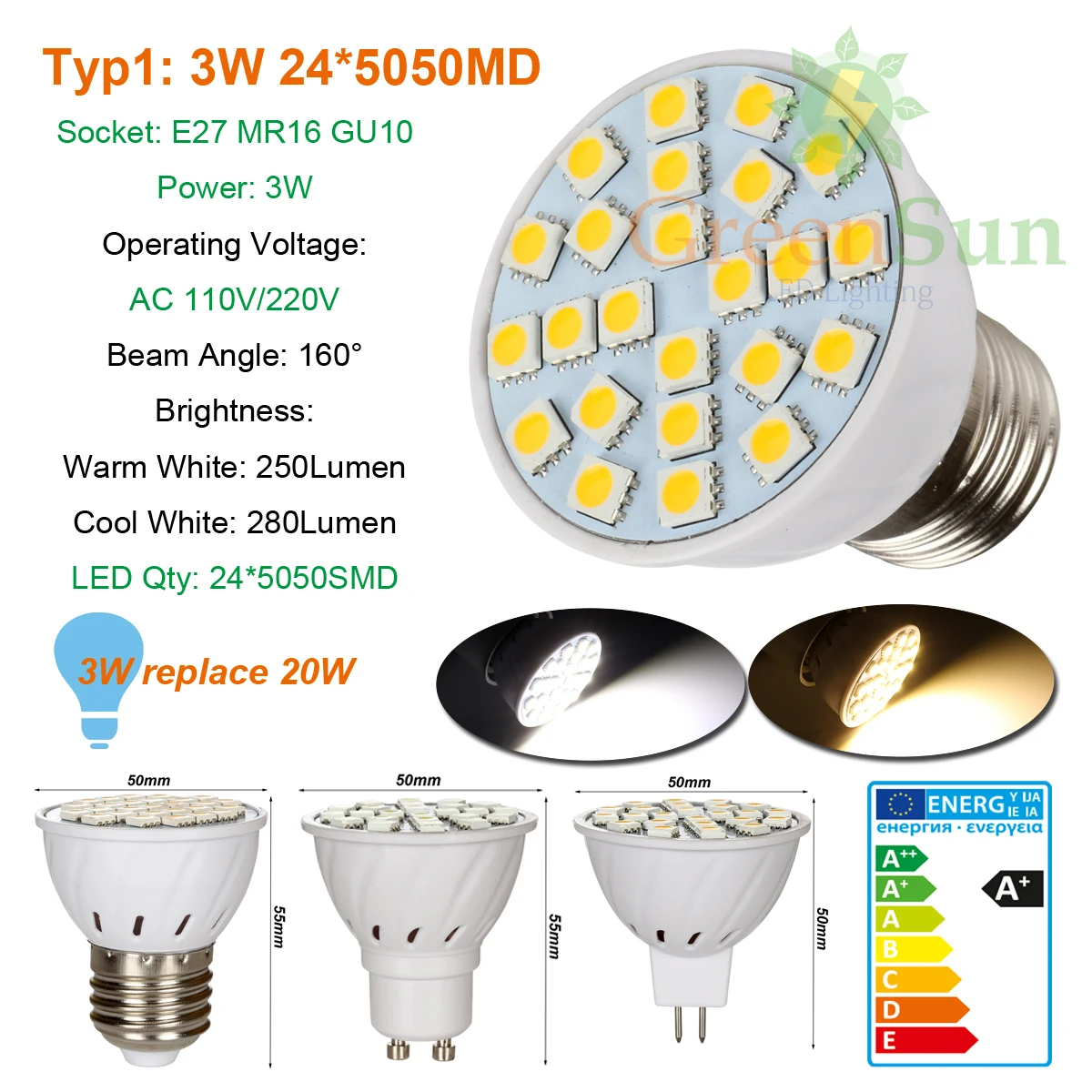 220V 110V MR16/GU10/E27 3/4/5 Вт 5050SMD Светодиодный прожектор Точечный светильник LED лампа