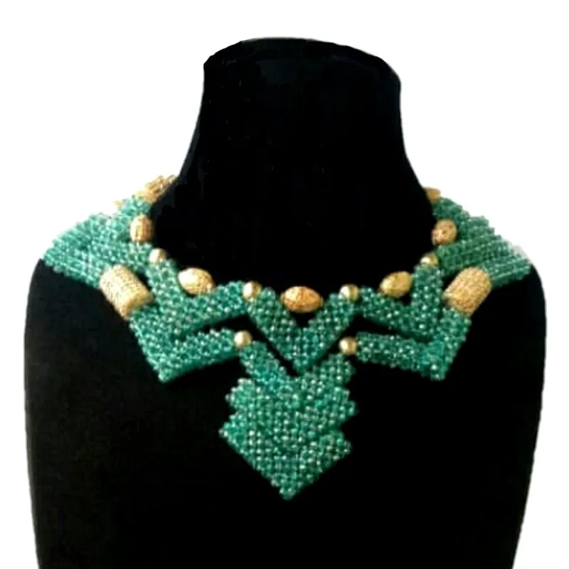 

Dudo Store African Jewelry Set Teal Green and Gold Nigerian Jewellery Set Bride Crystal Beaded Handmade Party Necklace Set Women