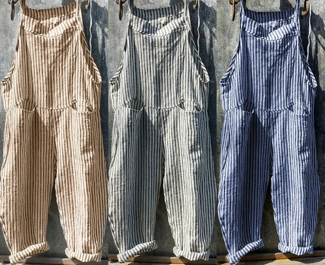 Женский хлопковый комбинезон в полоску повседневный с широкими штанинами и