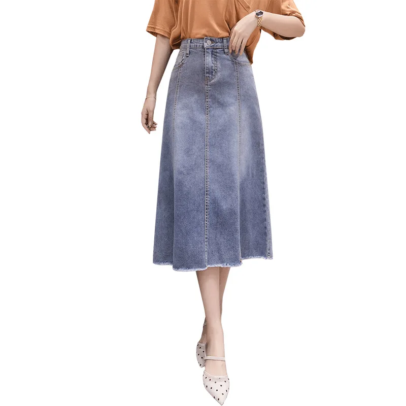 Женская длинная джинсовая юбка с высокой талией облегающая трапециевидная в