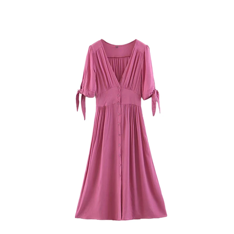 

Elegant Holiday Style Bean Paste Rose Red Low-cut V-neck Women Dress Button Bodycon Vintage Dress Beach Style Party Female Dress