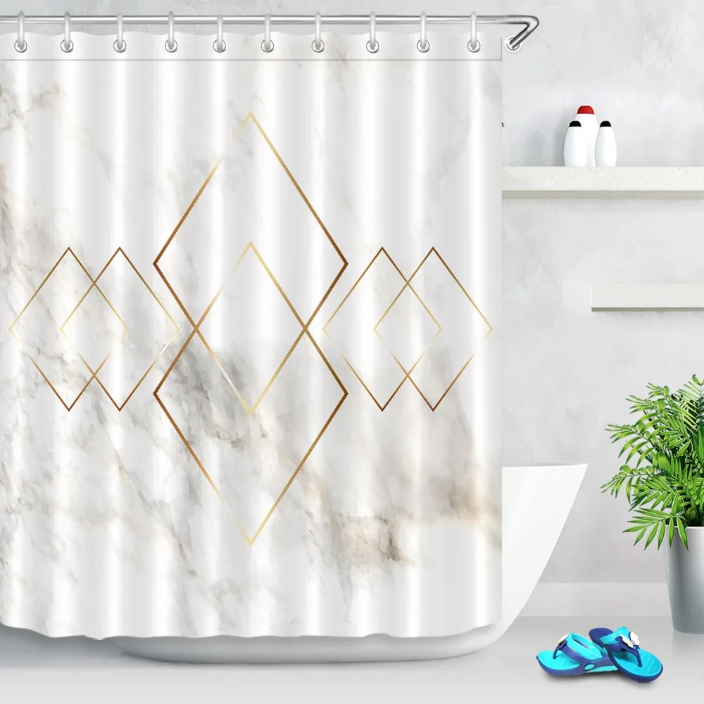 golden geometry rhombus nordic marble texture shower curtain with mat bathroom polyester waterproof fabric for bathtub free global shipping