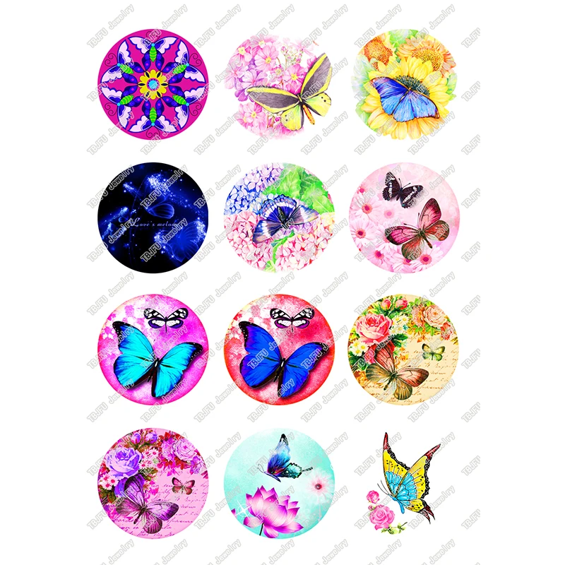 

24pcs/lot Glass Cabochon Demo Flat Back Making Findings 10/12/14/16/18/20/25mm Cabochon Butterfly Pattern DIY Jewelry T093