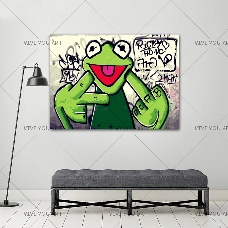 Уличные граффити искусство лягушка Kermit палец 100% ручная работа Холст Картина
